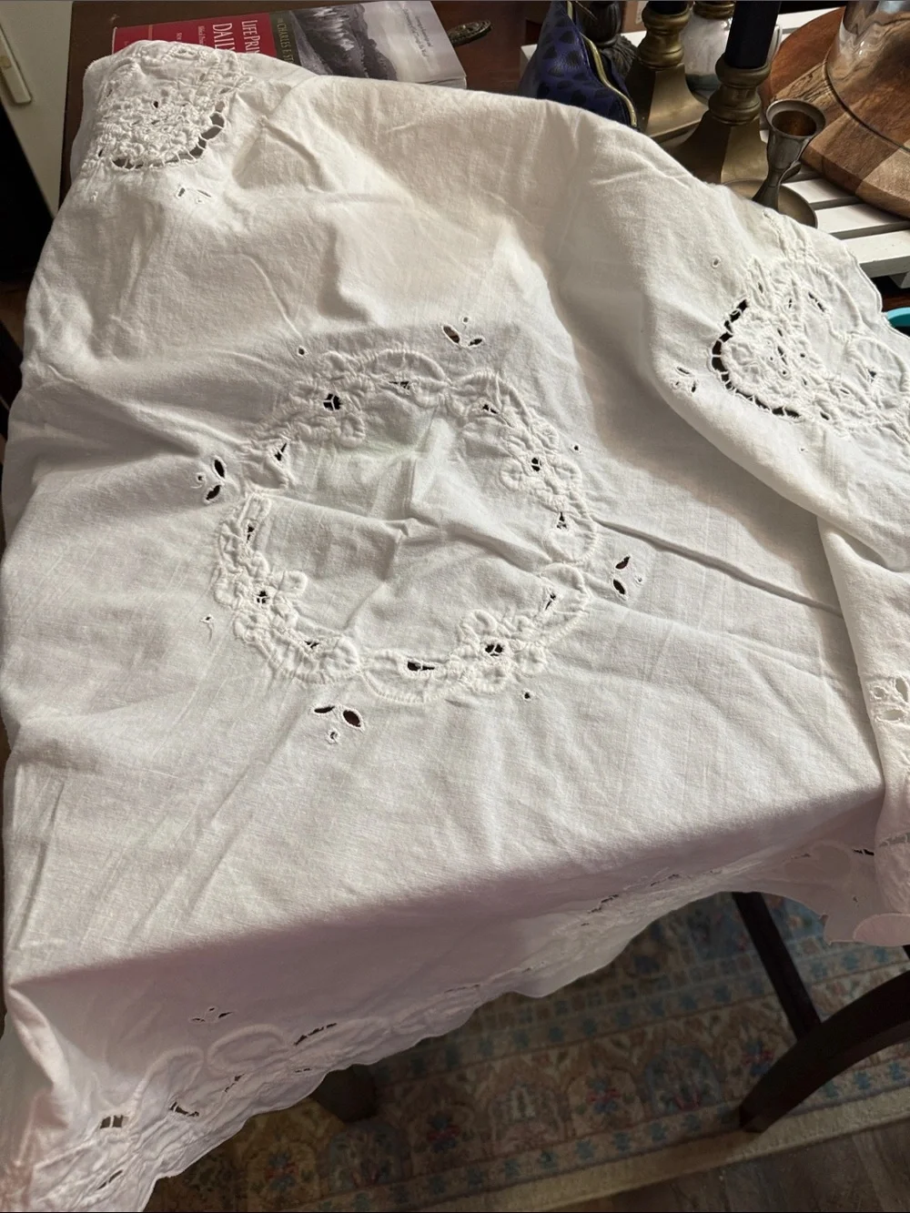 Vintage White Round Embroidered Linen Table Cover